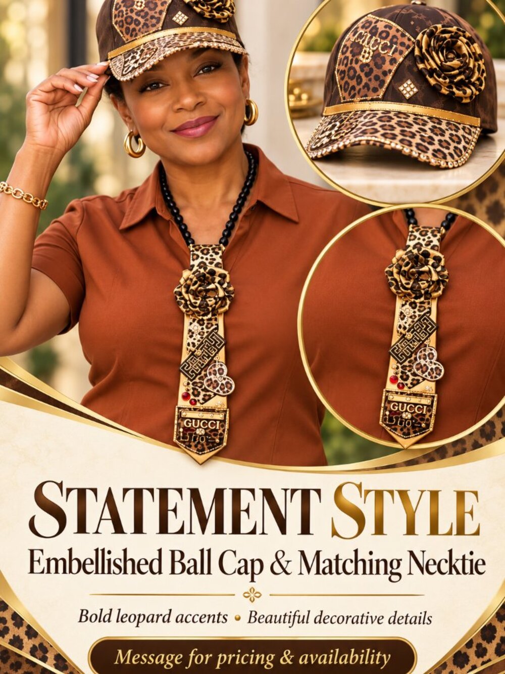 Elegant Brown and Gold Embellished Ball Cap & Necktie Set